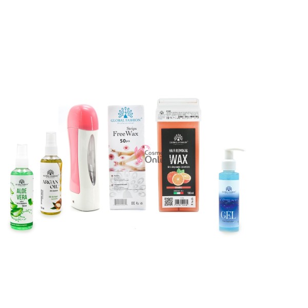 Kit pentru epilat GF 3-3, cu incalzitor roz, 50 benzi epilat, 1 cartus ceara cu portocala, 3 lotiuni, art 23404